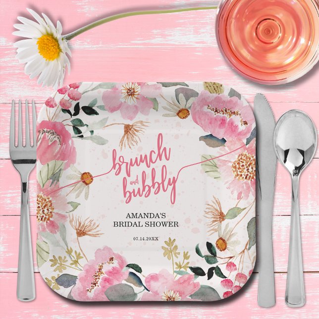 Brunch and Bubbly Pink Floral Bridal Shower Paper Plate (Brunch and bubbly pink watercolor floral bridal shower square paper plates)