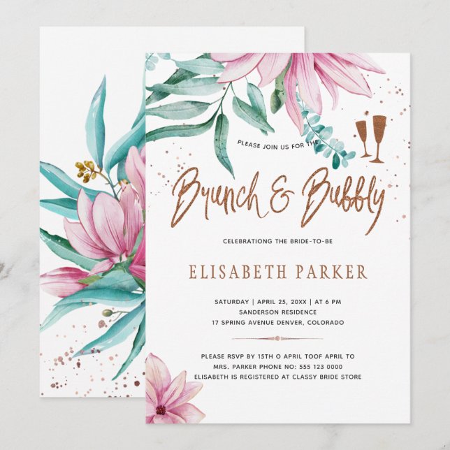 Brunch and bubbly pink floral glam bridal shower invitation (Front/Back)