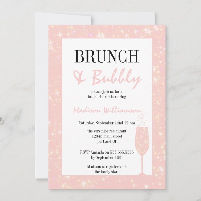 Brunch and Bubbly Pink Glitter Champagne Glass Invitation (Front)