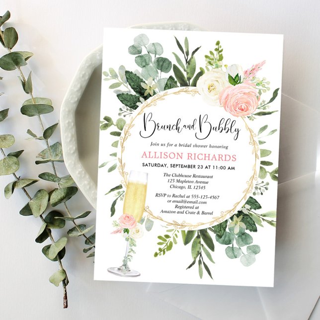 Brunch and Bubbly pink gold greenery bridal shower Invitation (Creator Uploaded)