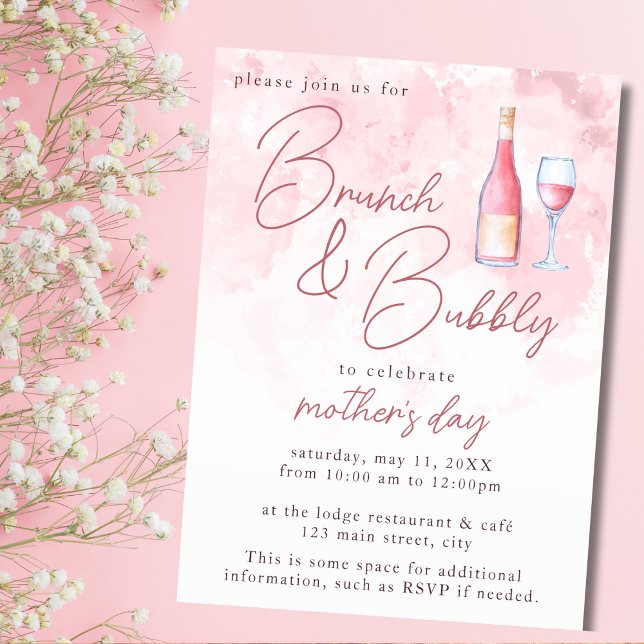 Brunch and Bubbly Pink Watercolor Mother's Day Invitation (Creator Uploaded)