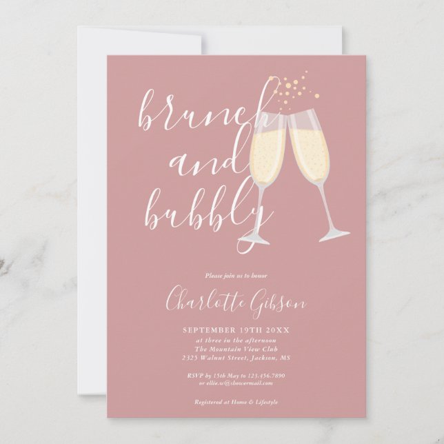 Brunch And Bubbly QR Code Dusty Rose Bridal Shower Invitation (Front)