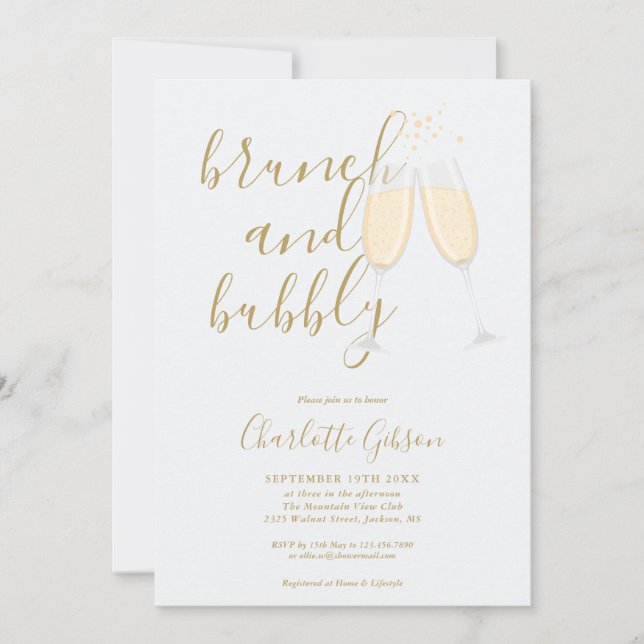 Brunch And Bubbly QR Code Gold Bridal Shower Invitation (Front)