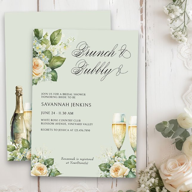 Brunch and Bubbly Roses Champagne Bridal Shower Invitation (Brunch & Bubbly Champagne Bridal Shower Invitation on light sage green)