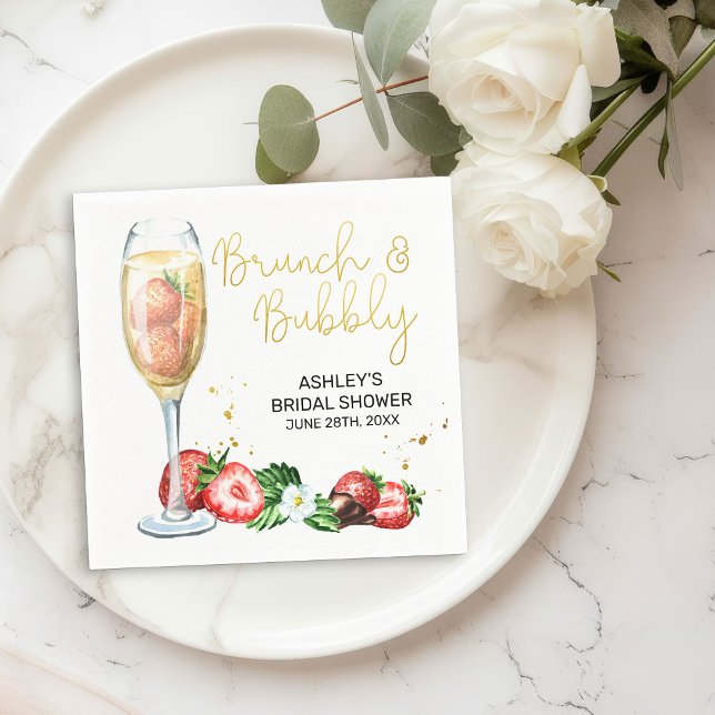 Brunch and Bubbly Strawberry and Champagne Shower Napkin (Brunch & Bubbly Bridal Shower cocktail napkins with Champagne and Strawberries )
