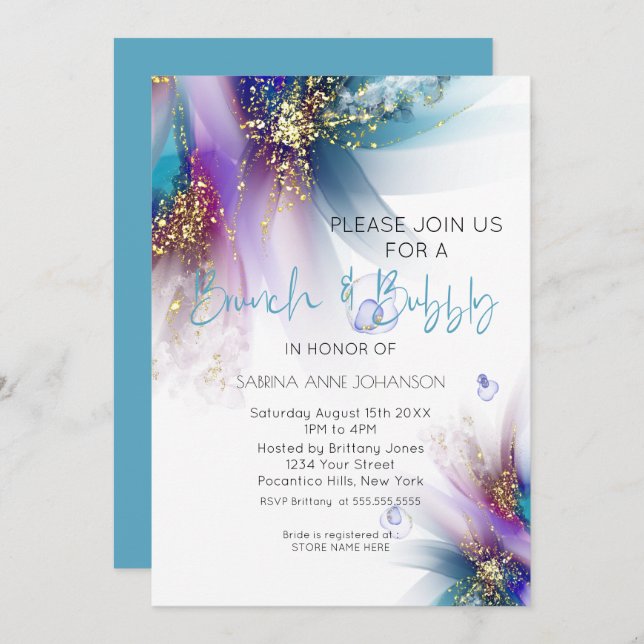 Brunch and Bubbly Teal Purple Abstract Invitation (Front/Back)