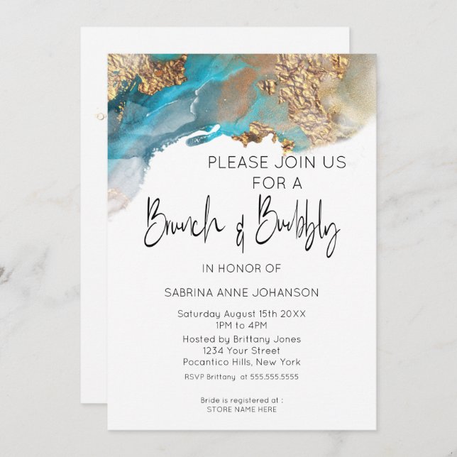 Brunch and Bubbly Turquoise and Gold Marbled Ink Invitation (Front/Back)