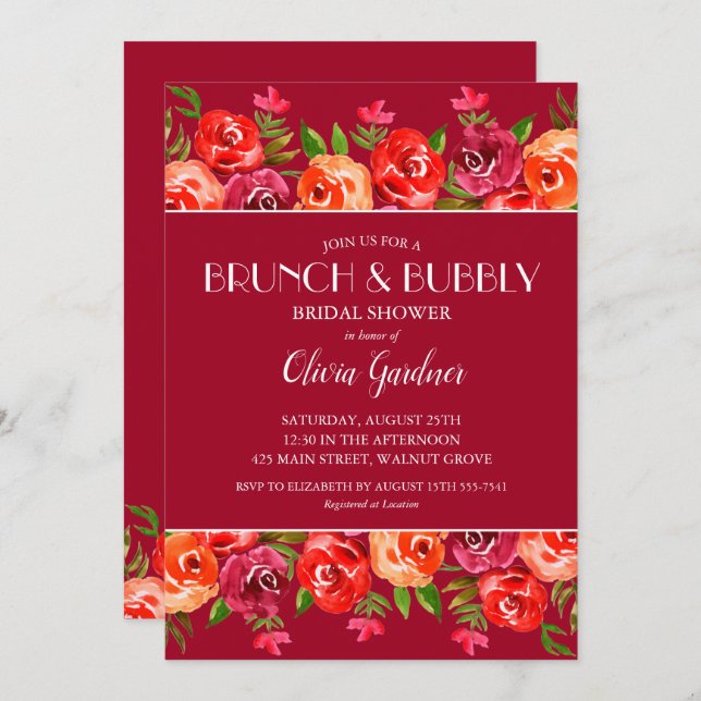 Brunch and Bubbly Watercolor Floral Bridal Shower Invitation (Front/Back)