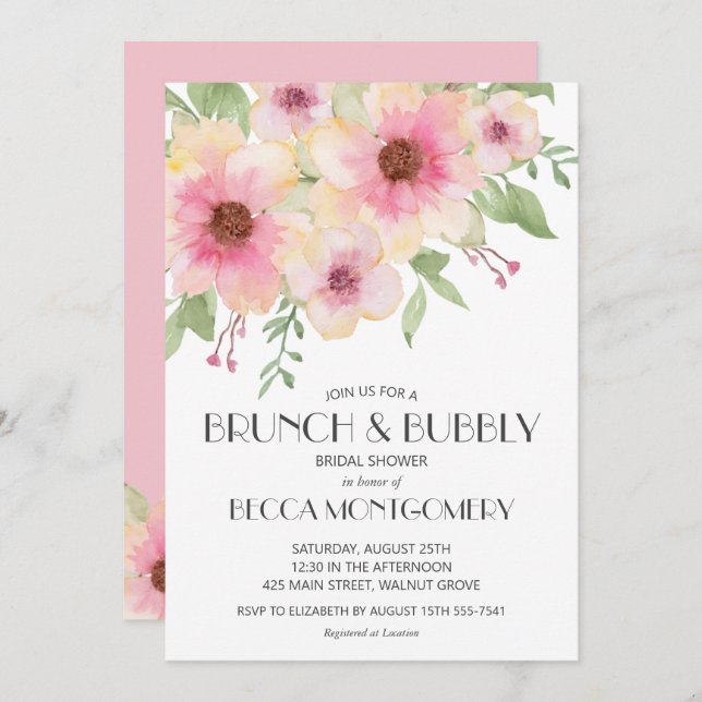 Brunch and Bubbly Watercolor Floral Invitations (Front/Back)