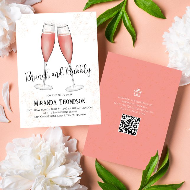 Brunch and Bubbly Watercolor Pink Bridal Shower  Invitation (Brunch and bubbly bridal shower invitation with pink champagne. With QR Code.)