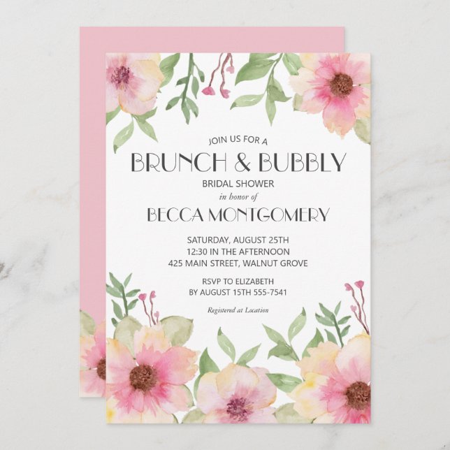 Brunch and Bubbly Watercolor Pink Floral Invites (Front/Back)