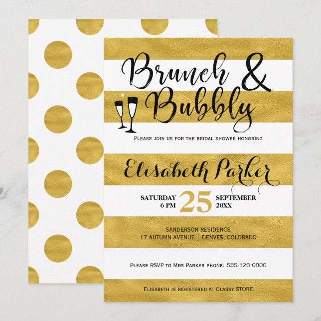 Brunch and bubbly white stripes gold bridal shower invitation (Front/Back)
