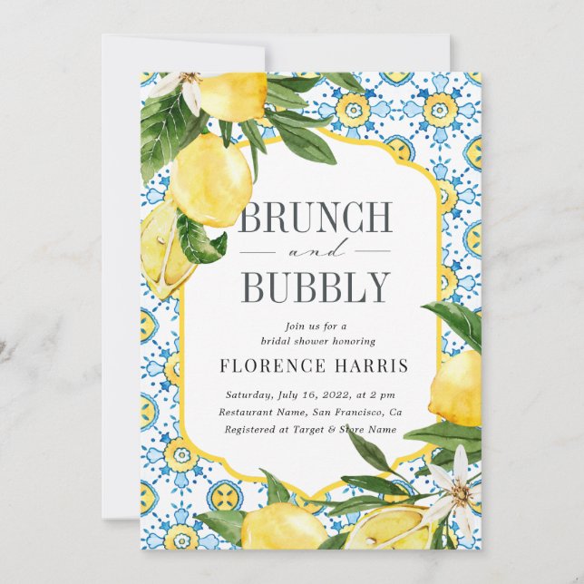 Brunch and Bubbly Yellow Lemon Bridal Shower Invitation (Front)