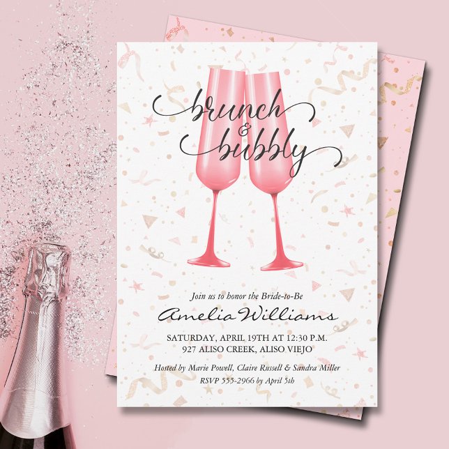 Brunch and Bubby Bridal Shower Invitation (Brunch and bubbly pink champagne glasses and streamers bridal shower invitations)