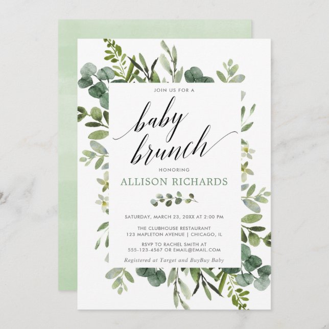 Brunch baby shower gender neutral eucalyptus invitation (Front/Back)