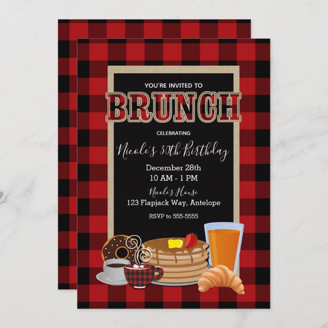 Brunch Breakfast Rustic Red Black Buffalo Plaid Invitation (Front/Back)