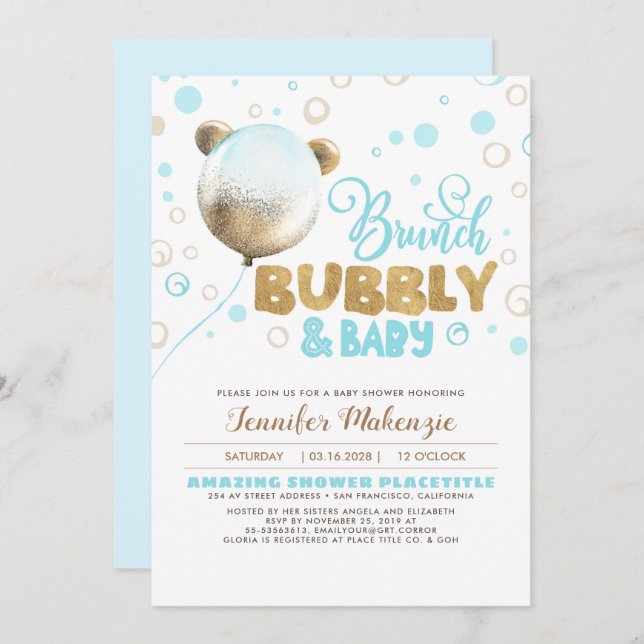 Brunch Bubbly and Baby Teddy Bear Baby Shower Invitation (Front/Back)