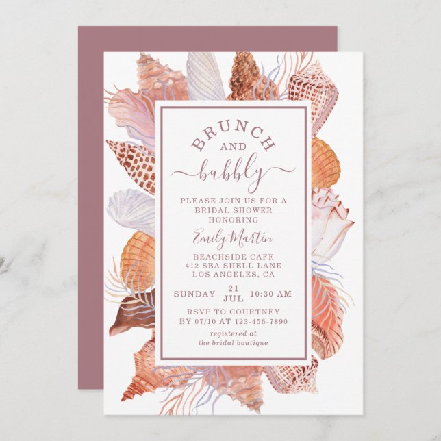 Brunch & Bubbly Beach Seashells Bridal Shower Invitation (Front/Back)