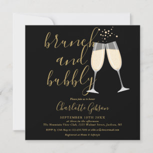 Brunch Bubbly Black and Gold Bridal Shower Invitation