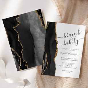 Brunch & Bubbly Black Gold Agate Bridal Shower Invitation