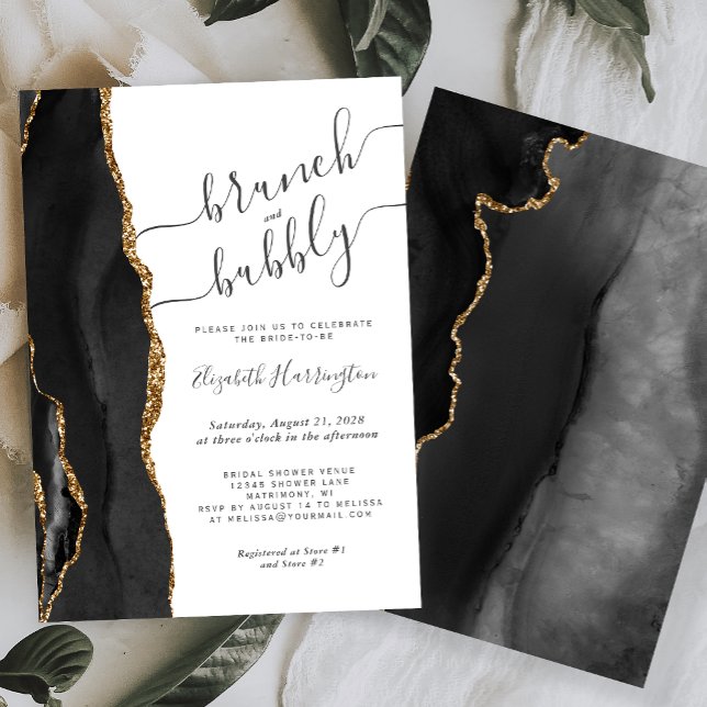 Brunch & Bubbly Black Gold Agate Bridal Shower Invitation (Creator Uploaded)
