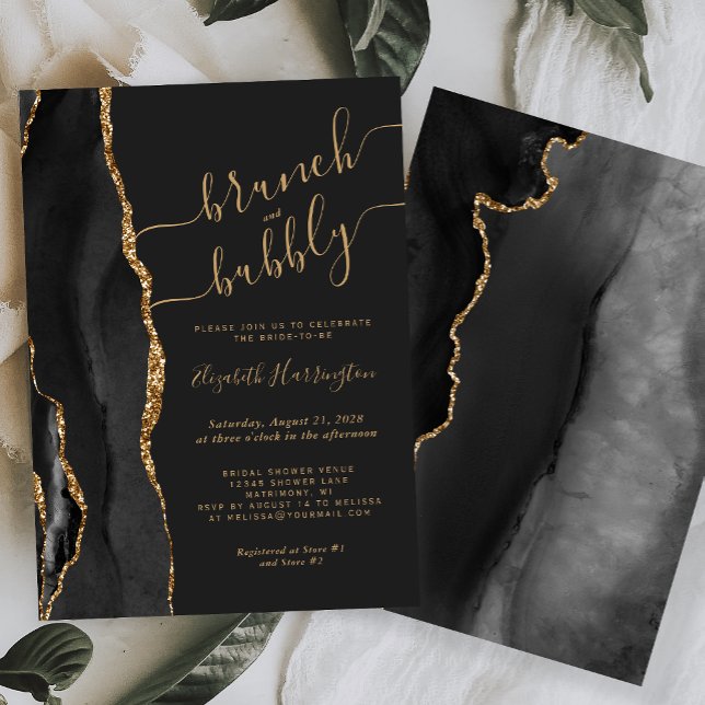 Brunch & Bubbly Black Gold Agate Bridal Shower Invitation (Creator Uploaded)