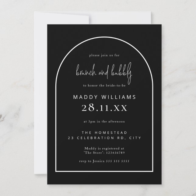 Brunch & Bubbly Black Minimalist Arch Bridal  Invitation (Front)