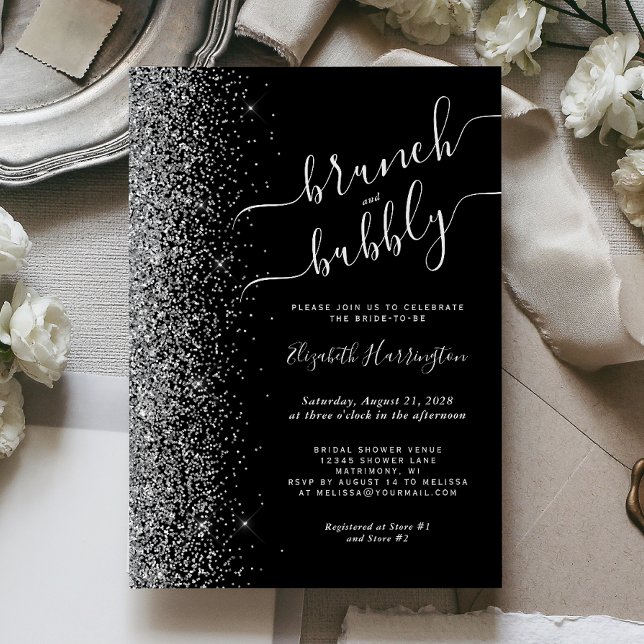 Brunch & Bubbly Black Silver Glitter Bridal Shower Invitation (Creator Uploaded)