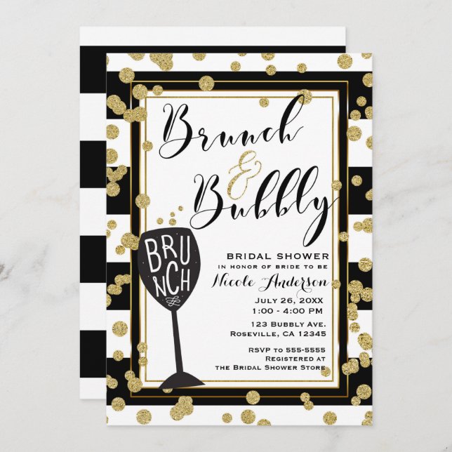 Brunch & Bubbly Black White Stripes Gold Confetti Invitation (Front/Back)