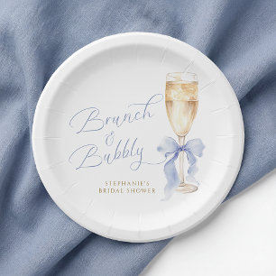 Brunch & Bubbly Blue Bow Bridal Shower Paper Plate
