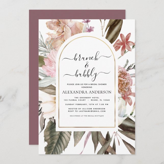 Brunch & Bubbly Boho Burgundy Bridal Shower Invitation (Front/Back)