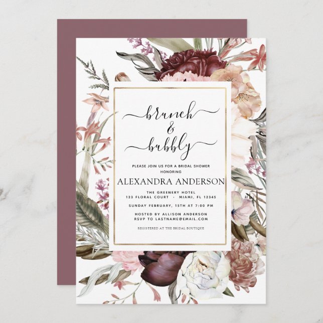 Brunch & Bubbly Boho Burgundy Bridal Shower Invitation (Front/Back)
