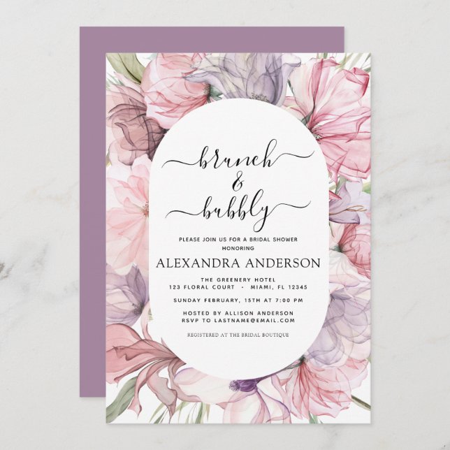 Brunch & Bubbly Boho Purple Bridal Shower Invitation (Front/Back)