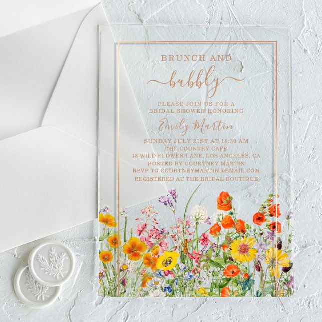 Brunch & Bubbly Boho Wild Flowers Bridal Shower Acrylic Invitations (Creator Uploaded)