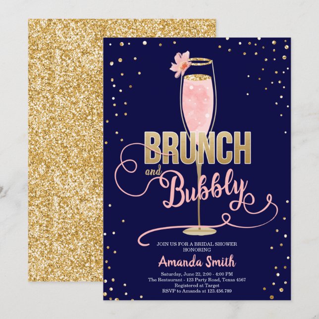 Brunch & Bubbly Bridal Shower Blush Gold Champagne Invitation (Front/Back)