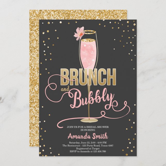 Brunch & Bubbly Bridal Shower Blush Gold Champagne Invitation (Front/Back)