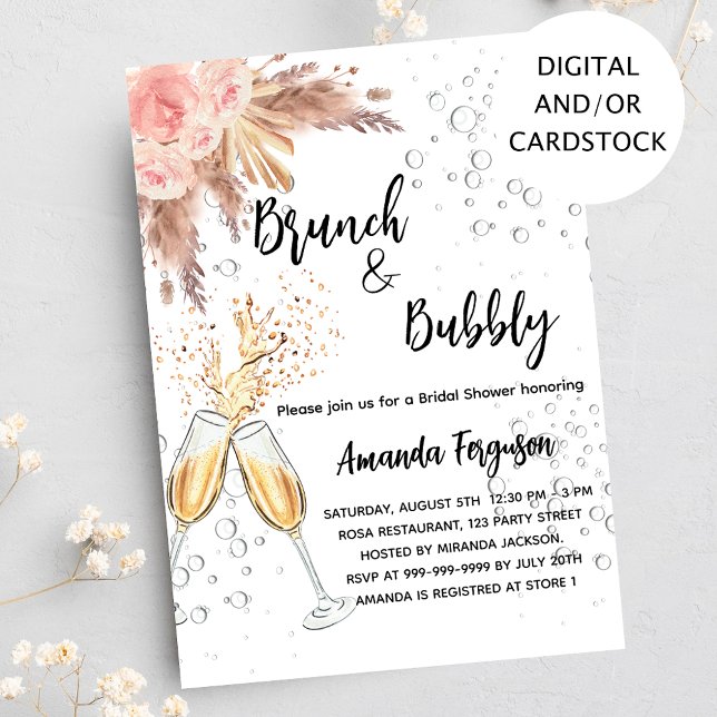 Brunch Bubbly Bridal Shower blush pampas grass Invitation (Creator Uploaded)