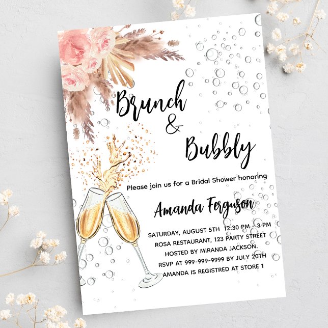 Brunch Bubbly Bridal Shower blush pampas grass Invitation Postcard (Creator Uploaded)