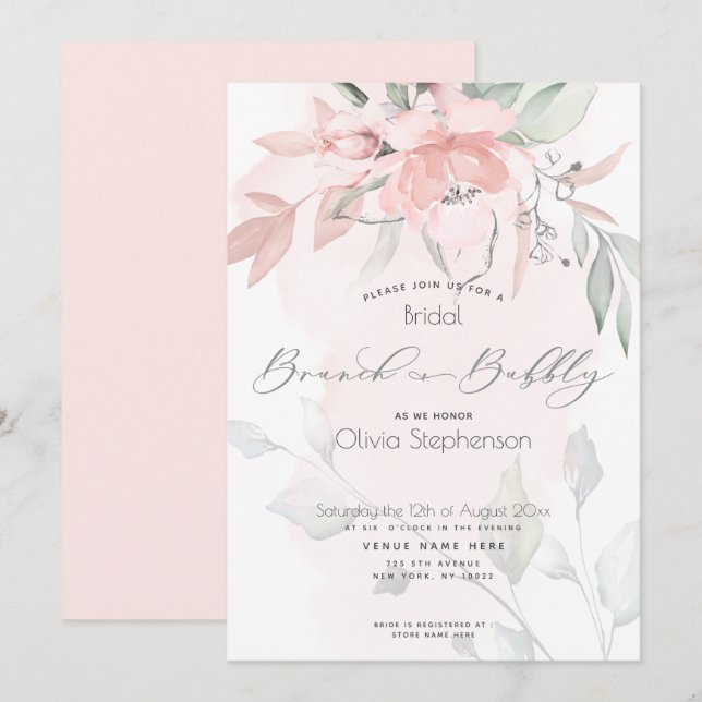 Brunch Bubbly Bridal Shower Blush Wild Rose Invita Invitation (Front/Back)