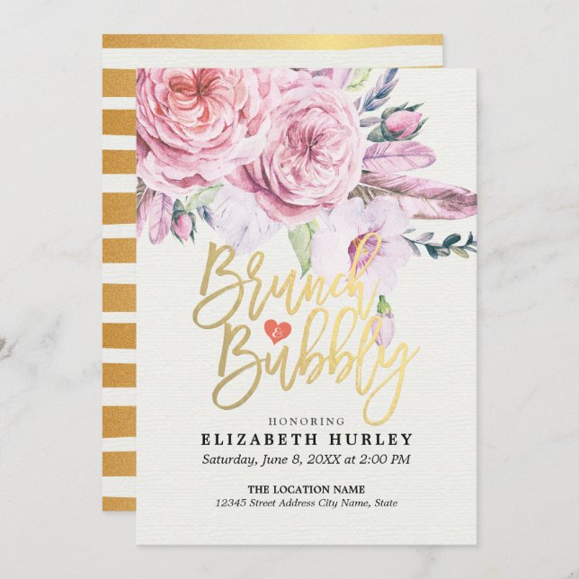 Brunch & Bubbly Bridal Shower Boho Floral Feather Invitation (Front/Back)