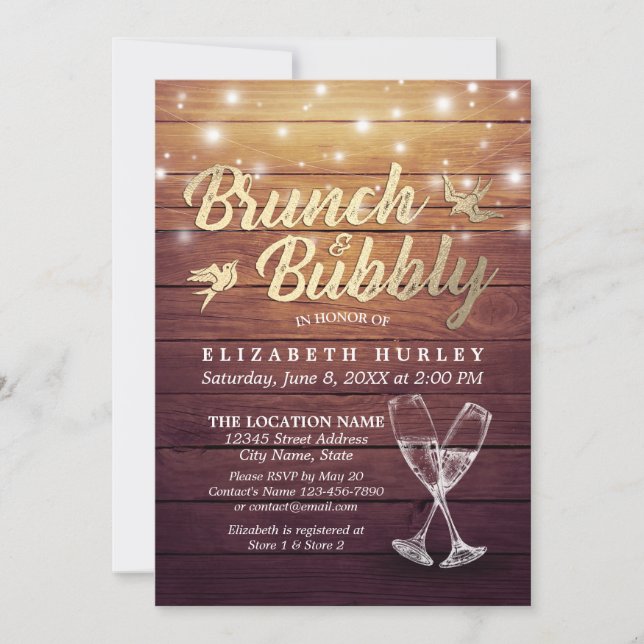 Brunch & Bubbly Bridal Shower Champagne Glass Wood Invitation (Front)