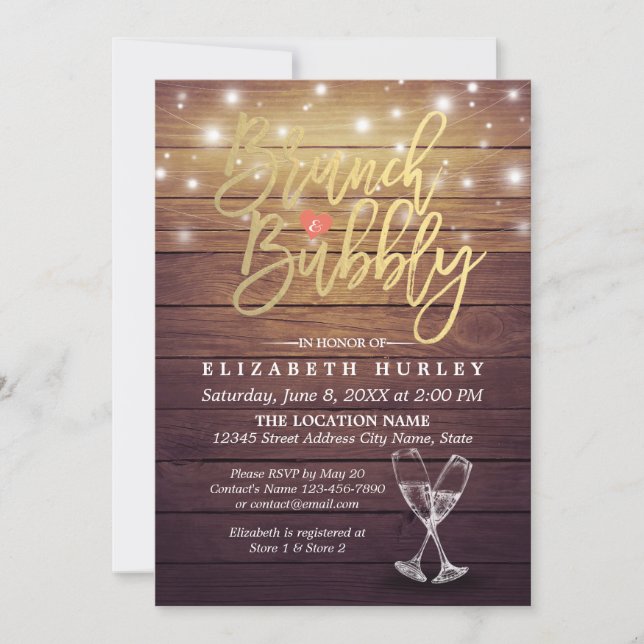 Brunch & Bubbly Bridal Shower Champagne Glass Wood Invitation (Front)