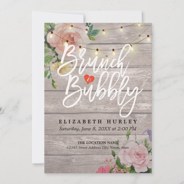 Brunch Bubbly Bridal Shower Floral String Lights Invitation (Front)