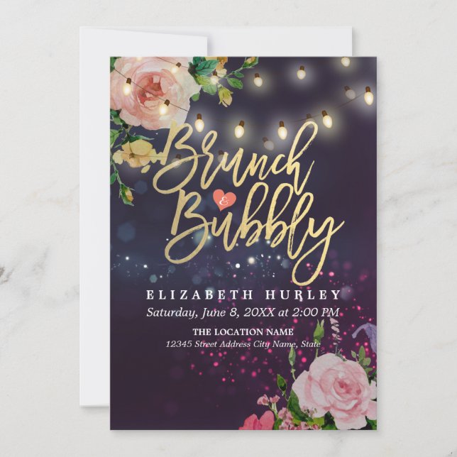 Brunch & Bubbly Bridal Shower Floral String Lights Invitation (Front)