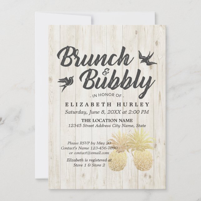 Brunch & Bubbly Bridal Shower Gold Pineapples Wood Invitation (Front)