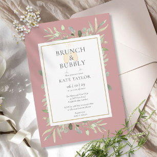Brunch Bubbly Bridal Shower Greenery Dusty Rose Invitation
