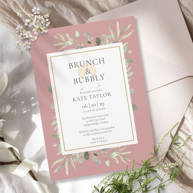 Brunch Bubbly Bridal Shower Greenery Dusty Rose Invitation (Creator Uploaded)