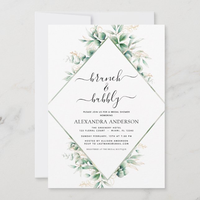 Brunch & Bubbly Bridal Shower Greenery Invitation (Front)