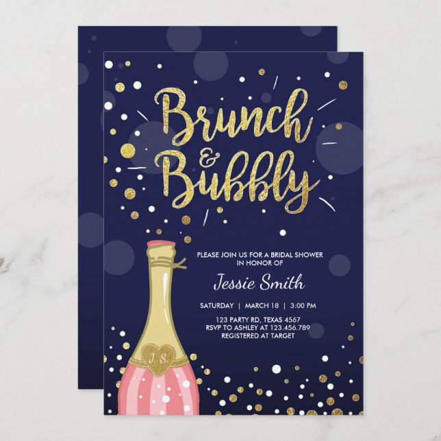 Brunch & Bubbly Bridal shower invitation Navy Gold (Front/Back)