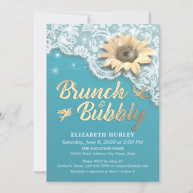 Brunch Bubbly Bridal Shower Lace Sunflower Lights Invitation (Front)
